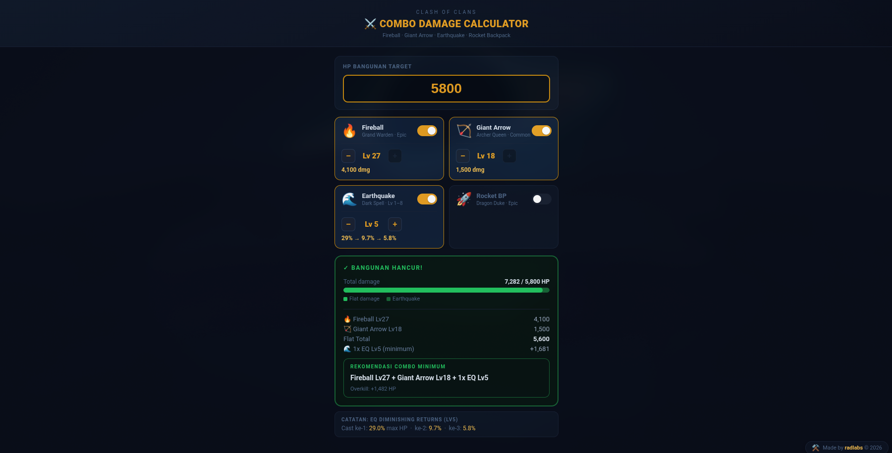Calculator CoC menampilkan kombinasi Fireball, Giant Arrow, dan Earthquake untuk target dengan 5.800 HP