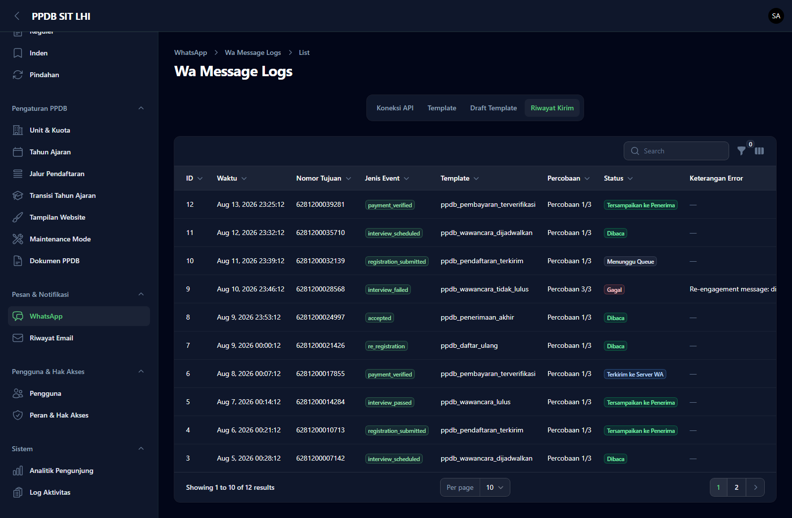 Riwayat pengiriman — status terkirim, sampai, dan dibaca ditarik dari webhook Meta